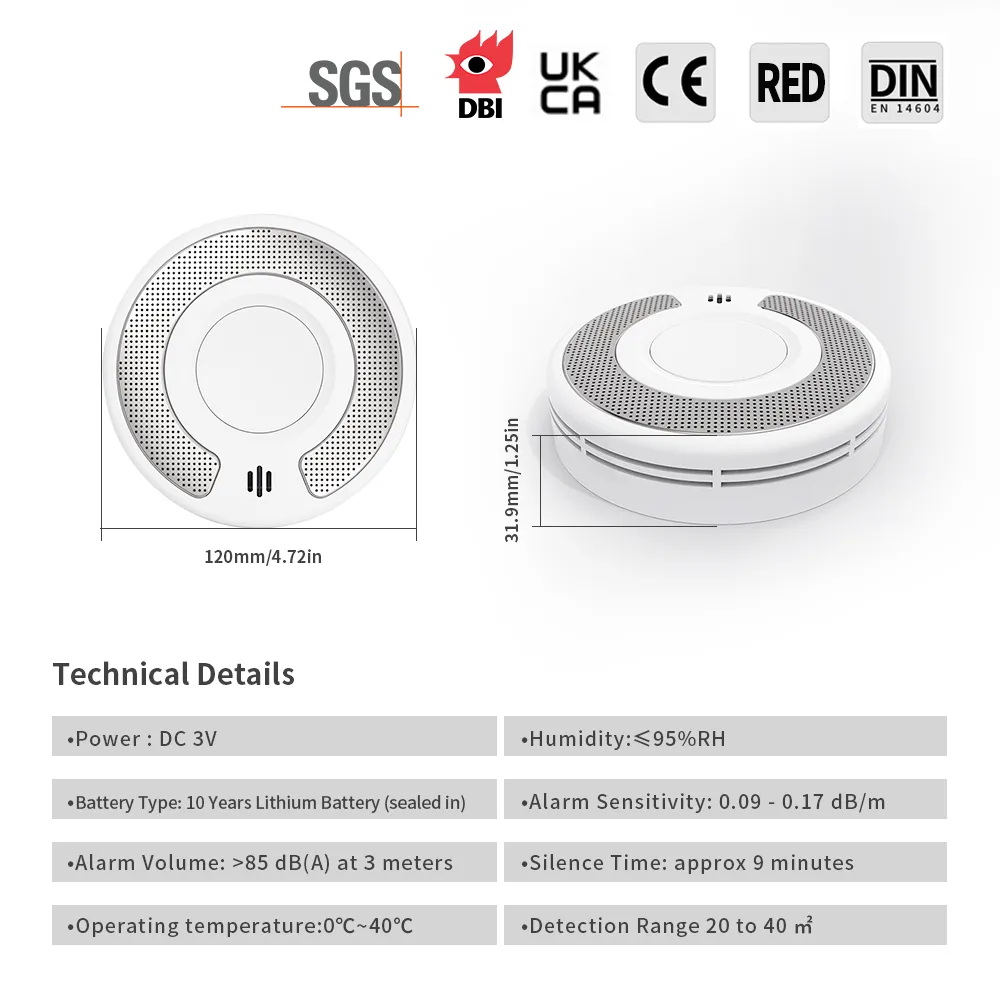 Stand-alone Photoelectric Smoke Alarm with 10-Year Life Lithium Battery, VS03