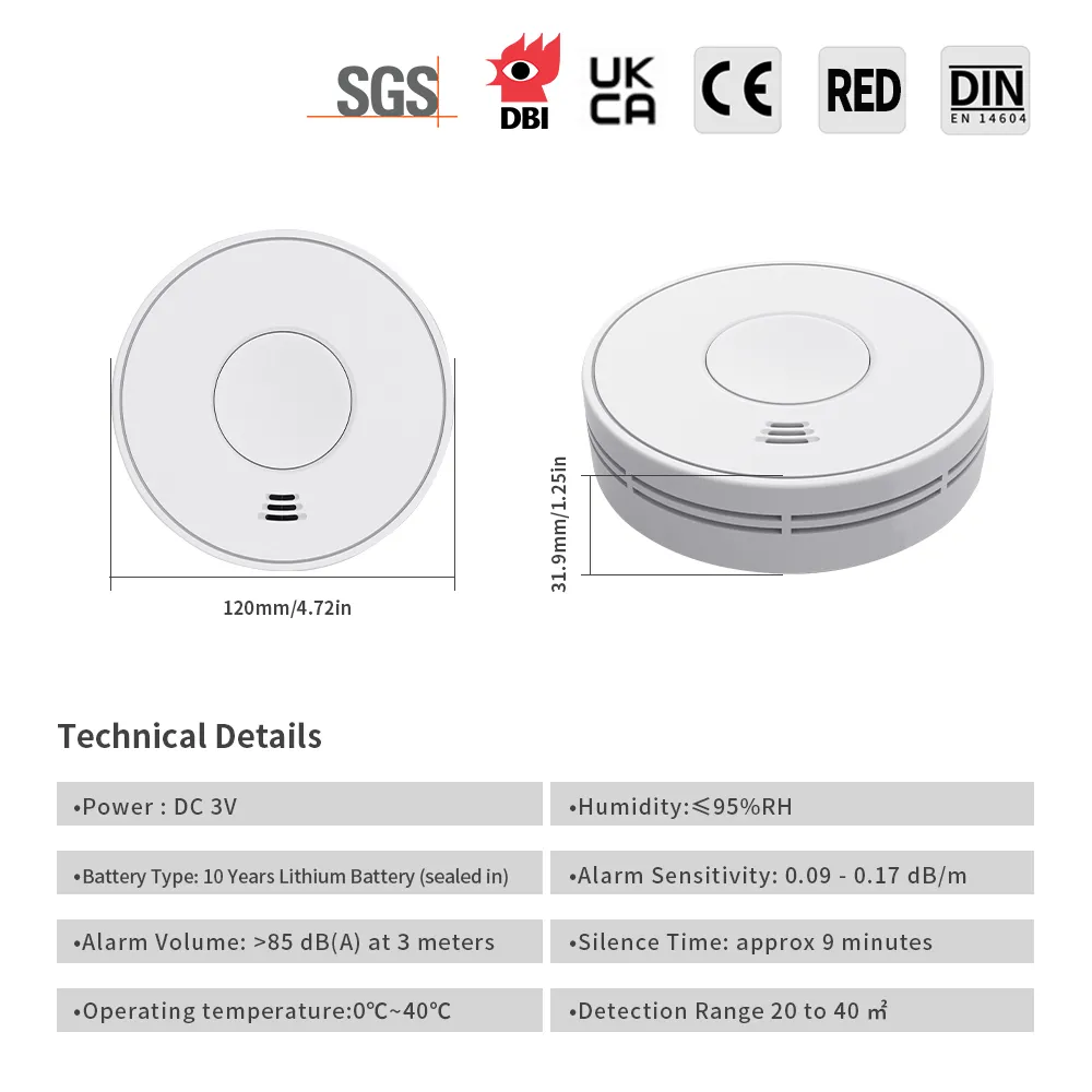 Wireless Interlinked Smoke Alarm with 10-Year Life Lithium Battery, VS01F