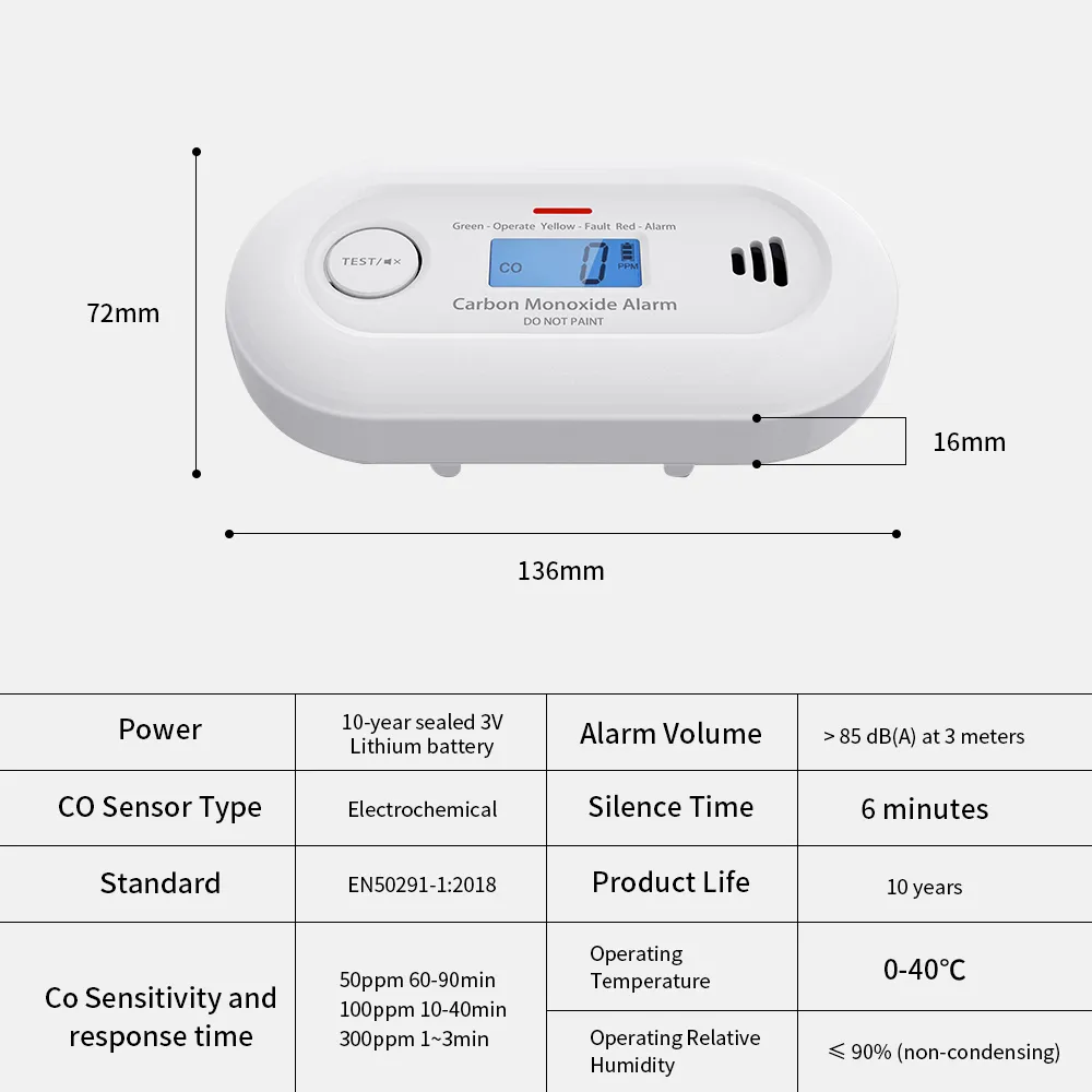 Standalone Carbon Monoxide Alarm with 10-Year Life Battery, VC21