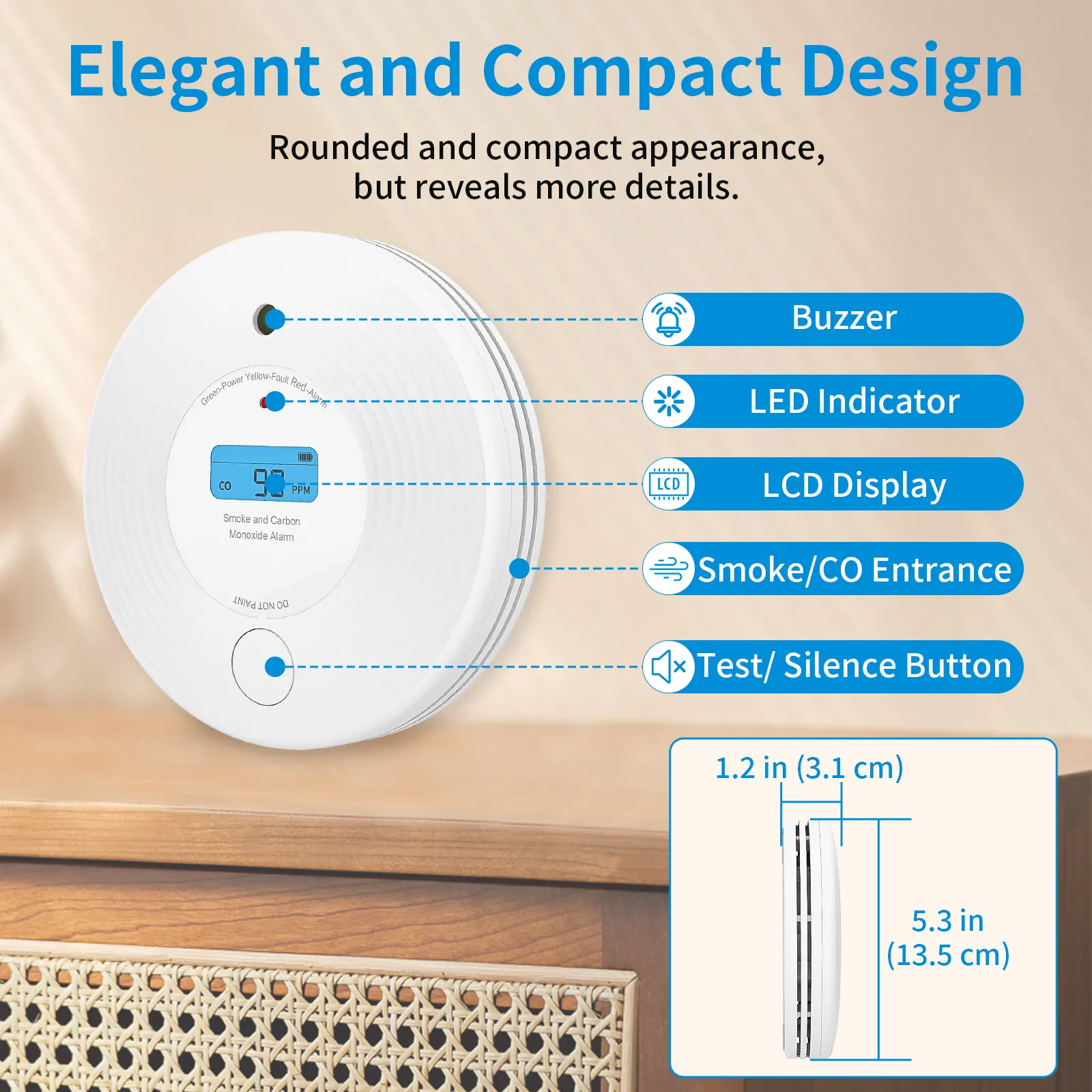 Standalone 2-in-1 Dual Sensor Smoke and CO combo Detector with Digital LCD Display, VCS52