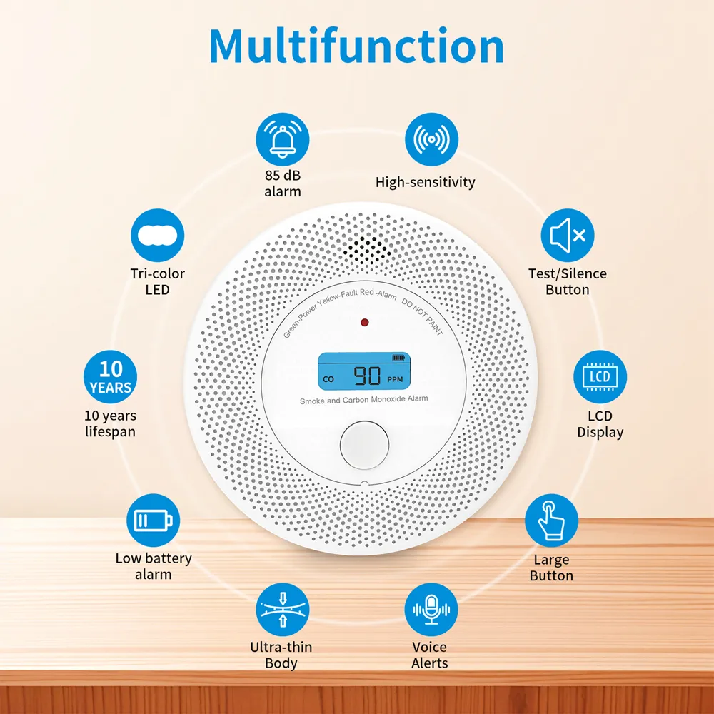 Wireless Interlinked 2-in-1 Dual Sensor  Smoke and CO combo Detector with Digital LCD Display, VCS63W