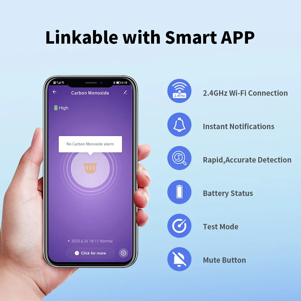 WiFi Carbon Monoxide Detector with Tuya/Smart Life App, VC22WR